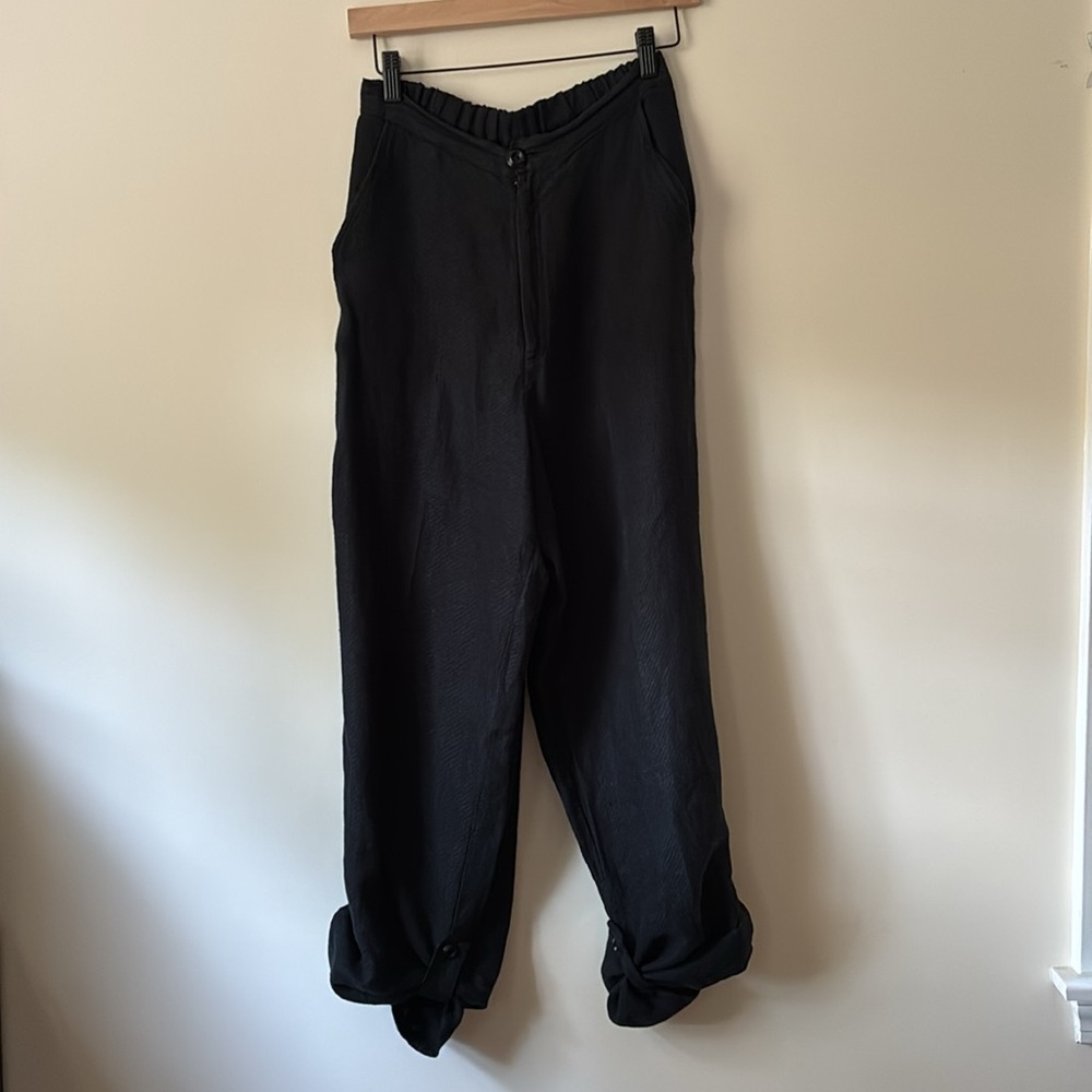 Flax Linen Pants small black straight Leg Button Up convertible Jeanne Engelhart